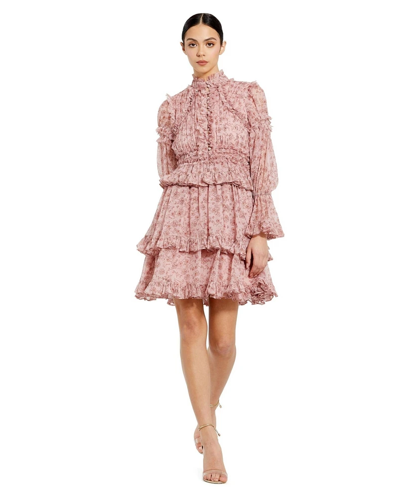 Mac Duggal Women's Long Sleeve Open Front High Neck Ruffle Mini Dress