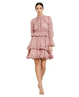 Mac Duggal Women's Long Sleeve Open Front High Neck Ruffle Mini Dress