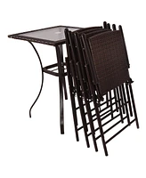 5PC Rattan Patio Furniture Set 4 Bar Stool Folding Chair and Bar Table W/Glass Top