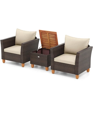 3PCS Patio Rattan Bistro Furniture Set Wood Table Top Cushion Sofa