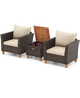 3PCS Patio Rattan Bistro Furniture Set Wood Table Top Cushion Sofa