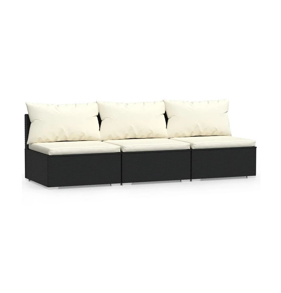3 Seat Patio Sofa with Cushions Black Poly Rattan