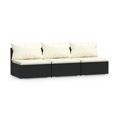 3 Seat Patio Sofa with Cushions Black Poly Rattan