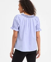 Style & Co Women's Cotton Contrast-Stitch Puff-Sleeve Top, Exclusively at Macy's