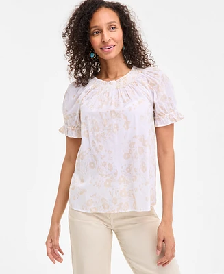 Style & Co Women's Cotton Printed Contrast-Stitch Puff-Sleeve Top, Exclusively at Macy's