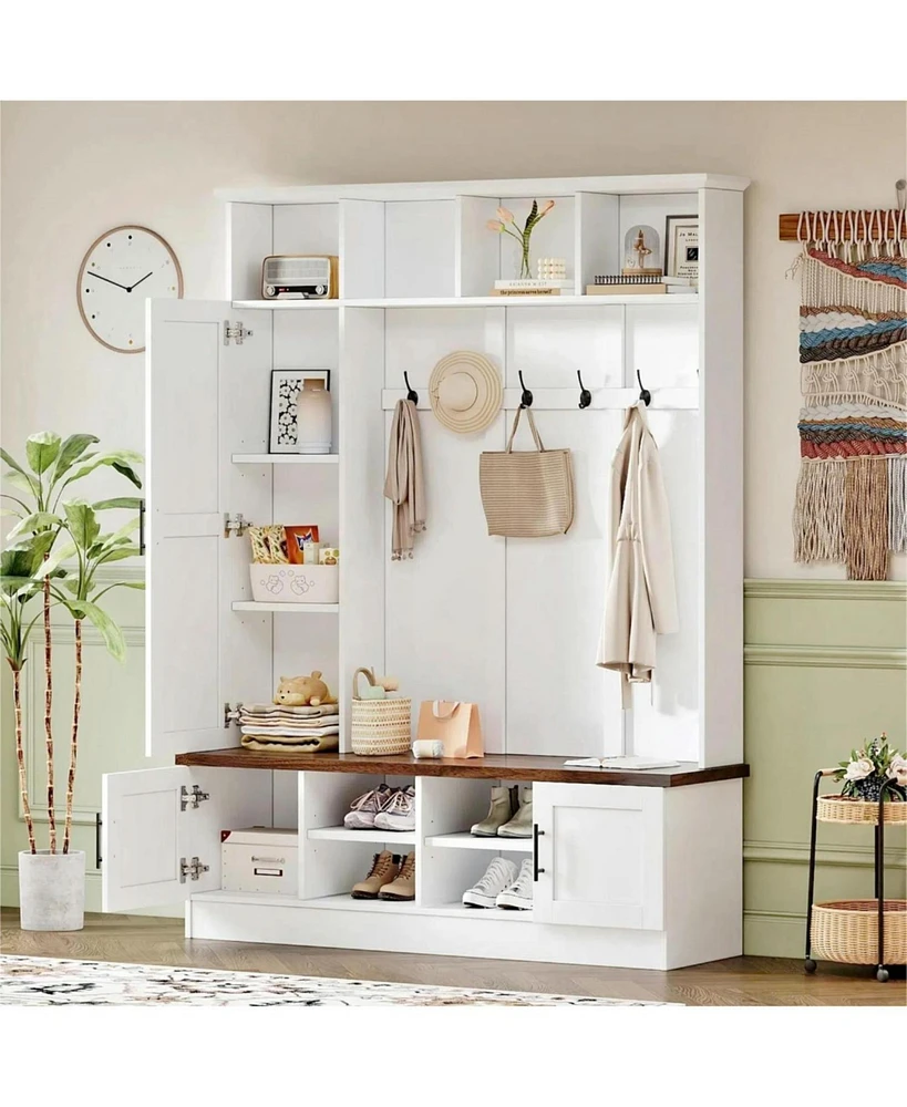 3-in-1 Hall Tree and Bench with 6 Hooks and Shelves