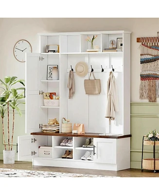 3-in-1 Hall Tree and Bench with 6 Hooks and Shelves
