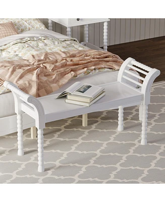 Elegant Retro Style Bench with Turned Legs, Bed End Bench for Bedroom or Living Room Decor, White