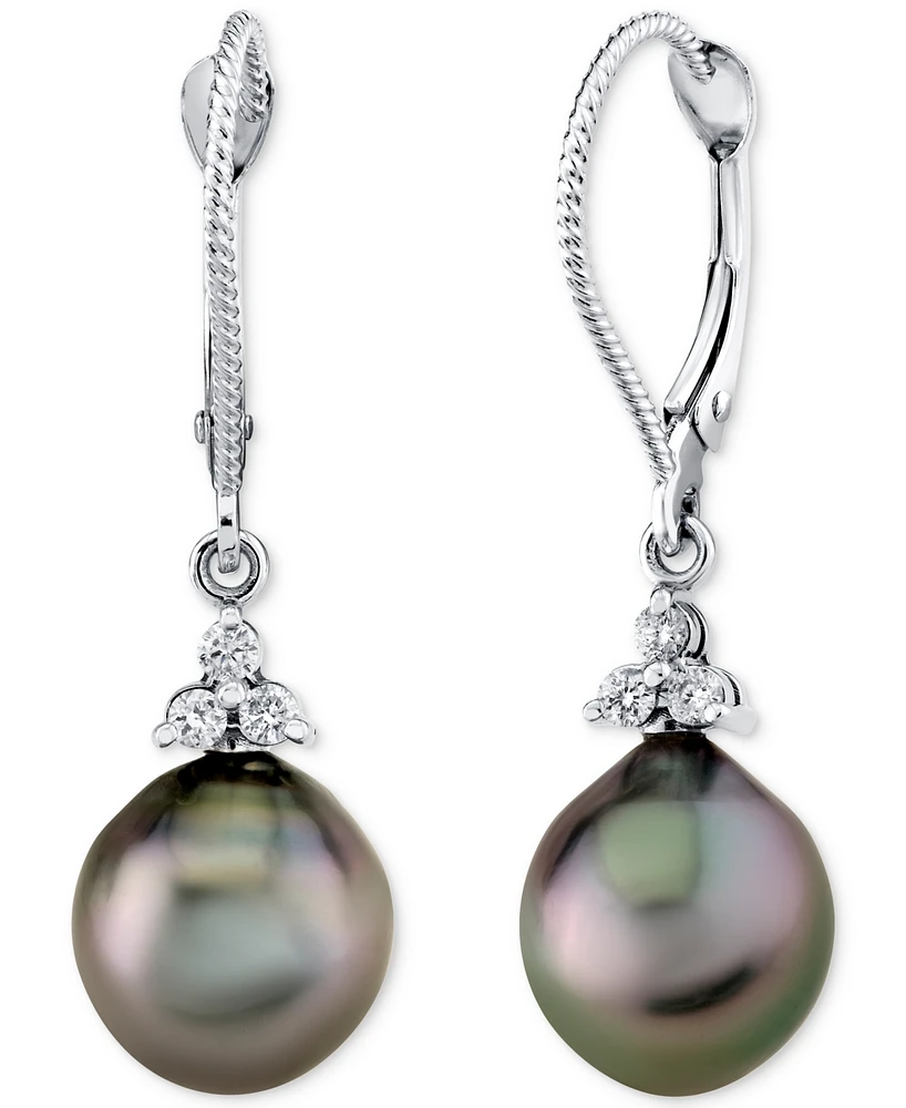 Cultured Tahitian Pearl (9mm) & Diamond (1/8 ct. t.w.) Drop Earrings in 14k White Gold
