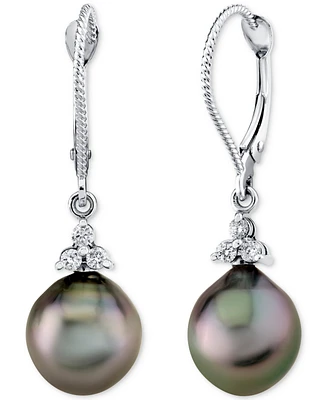 Cultured Tahitian Pearl (9mm) & Diamond (1/8 ct. t.w.) Drop Earrings in 14k White Gold