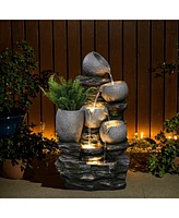 LuxenHome 3-Tier Gray Pots on Stacked Rocks 2.5-Feet Tall Outdoor Polyresin Fountain with Lights and Gray Side Planter