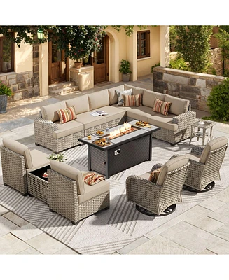 Xizzi 13 Piece Outdoor Patio Furniture Sets with Fire Pit Table,All Weather Wicker Sectional Sofa Extra Deep Swivel Chairs and Solar Powere