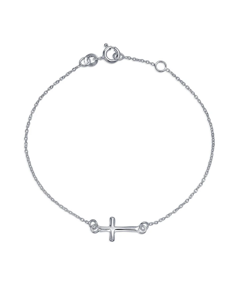 Bling Jewelry Religious Spiritual Minimalist Horizonal Tiny Sideways Cross Bracelets Communion Gift .925 Sterling Silver 7-8 Inch Adjustable