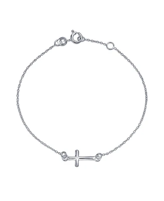 Bling Jewelry Religious Spiritual Minimalist Horizonal Tiny Sideways Cross Bracelets Communion Gift .925 Sterling Silver 7-8 Inch Adjustable