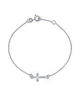 Bling Jewelry Religious Spiritual Minimalist Horizonal Tiny Sideways Cross Bracelets Communion Gift .925 Sterling Silver 7-8 Inch Adjustable
