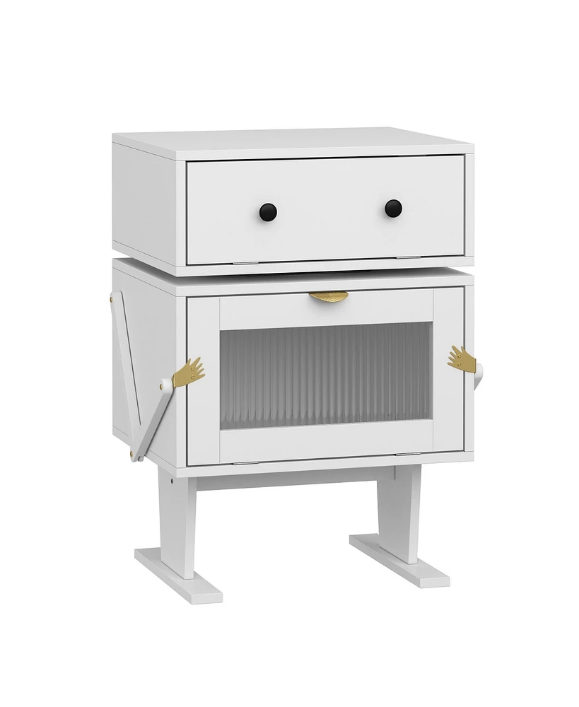 Robot-style bedside table with rotatable head, side table with glass doors, white wooden end table, suitable for bedrooms, living rooms, offices
