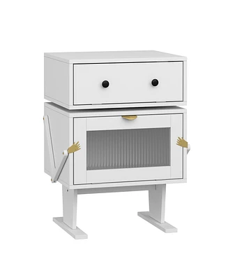 Robot-style bedside table with rotatable head, side table with glass doors, white wooden end table, suitable for bedrooms, living rooms, offices