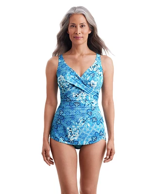 ShapeSolver by Mimi Flamingo Women's Barcelona Blues Crossover Sarong One Piece Swimsuit