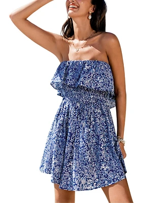 Cupshe Women's Indigo Breeze Floral Mini Beach Dress