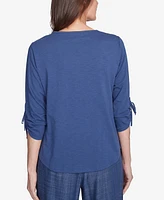 Alfred Dunner Women's Summer Solstice Embroidery Centered Tie Sleeve Top