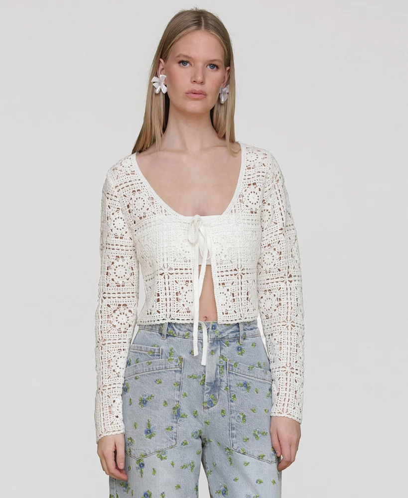 Avec Les Filles Women's Cotton Crochet Tie-Front Cardigan