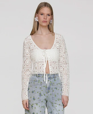 Avec Les Filles Women's Cotton Crochet Tie-Front Cardigan