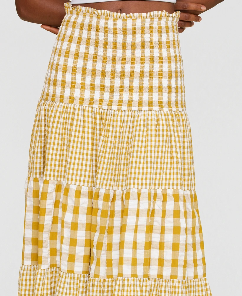 Avec Les Filles Women's Cotton Check Tiered Smocked-Waist Maxi Skirt