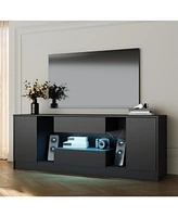 Tv stand with two doors, two drawers, media console with light strip, black wooden entertainment center
