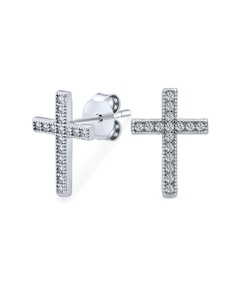 Bling Jewelry Traditional Religious Cz Stud Earrings, Micro Pave Cross, Sterling Silver Cubic Zirconia