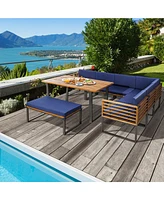 Gymax 8PCS Patio Dining Set Acacia Wood L Shaped Sectional Sofa Set w/ Navy Cushions