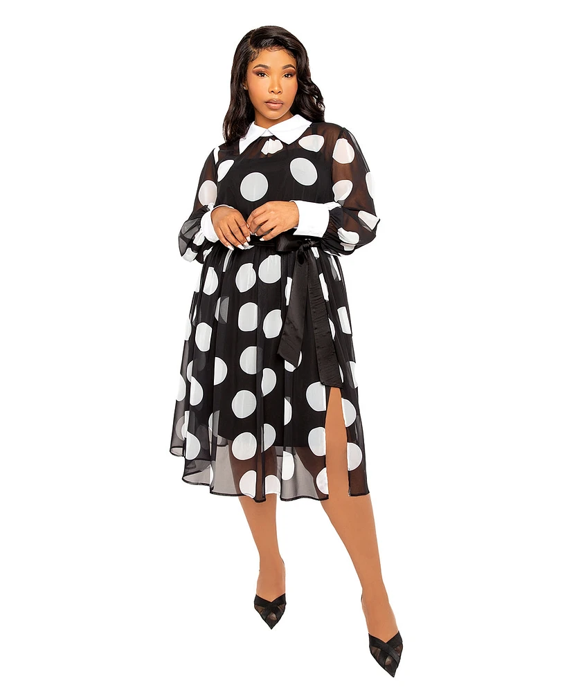 Buxom Couture Plus Contrast Collar Polka Dot Shirt Dress