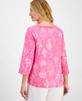 Charter Club Women's Printed 100% Linen Embellished Top, Exclusively at Macy's