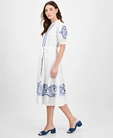 T Tahari Women's Cotton Embroidered Fit & Flare Dress