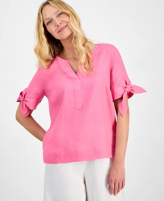 Charter Club Women's 100% Linen Split-Neck Tie-Cuff Top