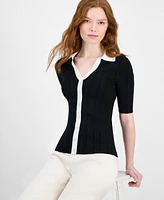 T Tahari Women's Split-Neck Contrast-Trim Sweater