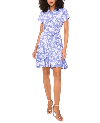 Msk Women's Floral-Print Short-Sleeve Belted Shirtdress