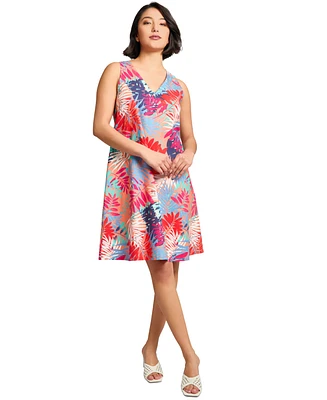 Jones New York Petite Printed Linen-Blend Trapeze Dress