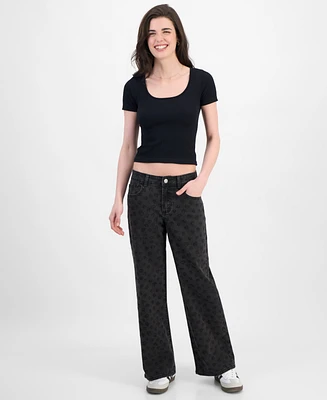 Juniors' Tonal Leopard-Print Wide-Leg Jeans