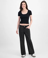 Juniors' Tonal Leopard-Print Wide-Leg Jeans