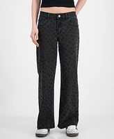 Juniors' Tonal Leopard-Print Wide-Leg Jeans
