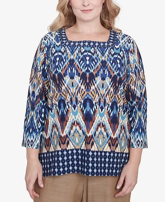 Alfred Dunner Plus Summer Solstice Ikat Diamond Border Square Neck Top