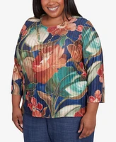 Alfred Dunner Plus Summer Solstice Dramatic Floral Top with Necklace