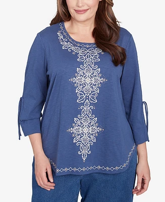 Alfred Dunner Plus Summer Solstice Embroidery Centered Tie Sleeve Top