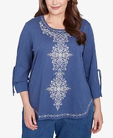 Alfred Dunner Plus Summer Solstice Embroidery Centered Tie Sleeve Top