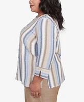 Alfred Dunner Plus Summer Solstice Spliced Stripe Button Shoulder Crew Neck Top