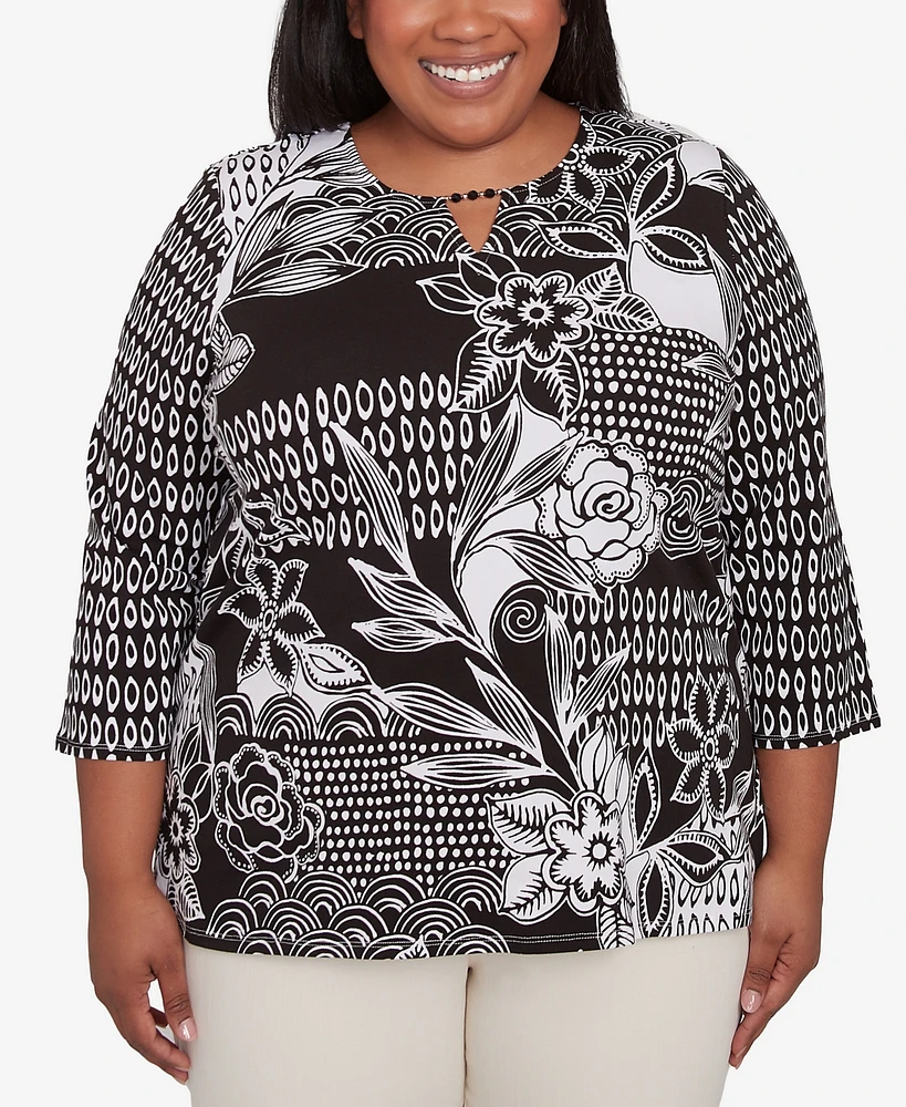 Alfred Dunner Plus Natural Instinct Monotone Patch Beaded Split Neck Top