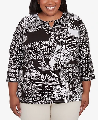 Alfred Dunner Plus Natural Instinct Monotone Patch Beaded Split Neck Top