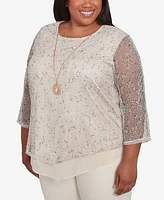 Alfred Dunner Plus Natural Instinct Popcorn Mesh Speckled Top with Necklace