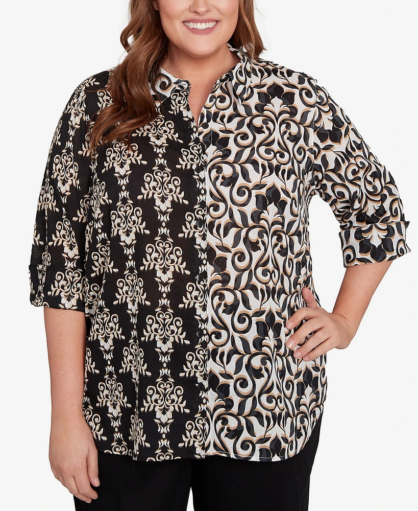 Alfred Dunner Plus Natural Instinct Medallion Twin Print Button Front Top