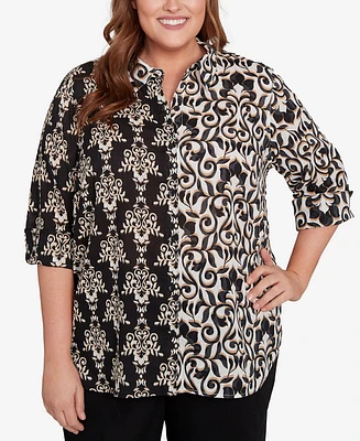 Alfred Dunner Plus Natural Instinct Medallion Twin Print Button Front Top
